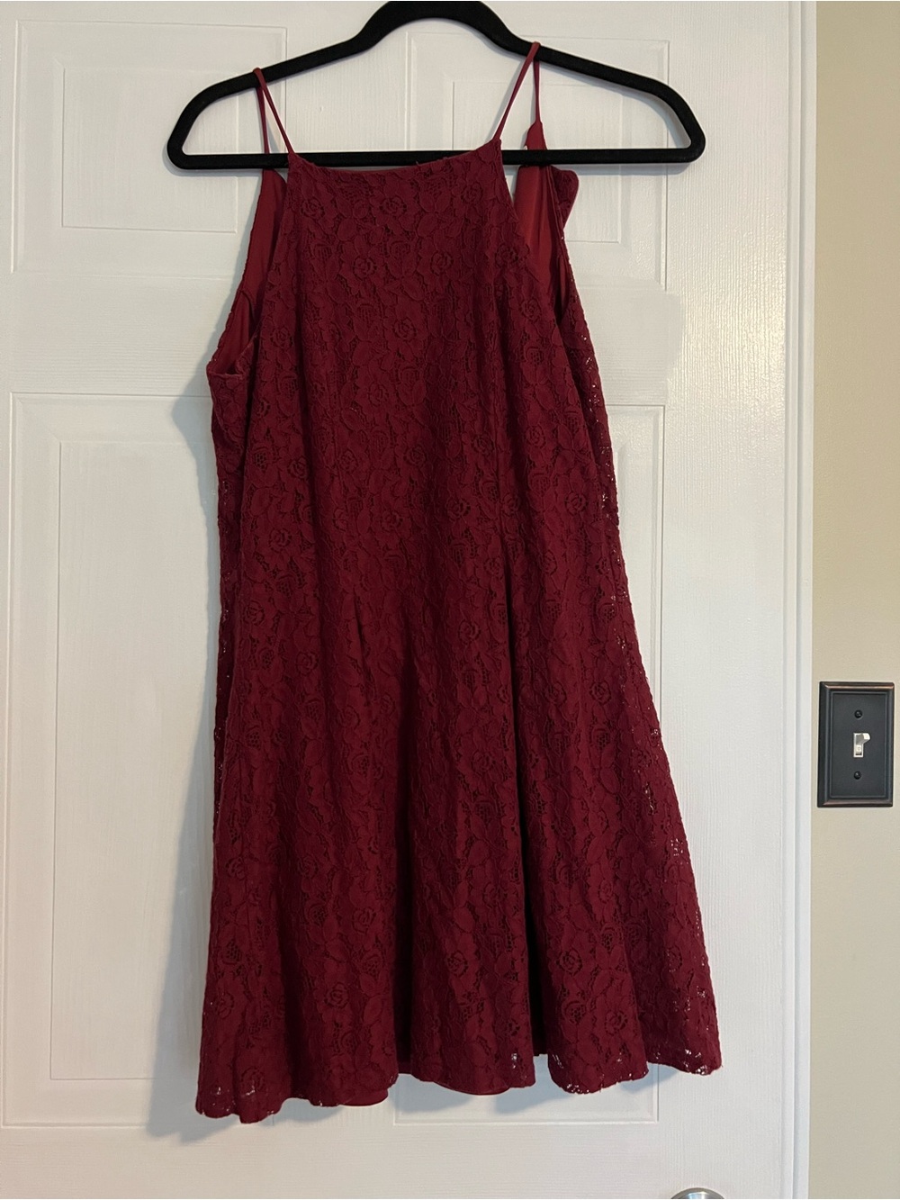 Monteau Burgundy Lace Mini Dress with Spaghetti Straps